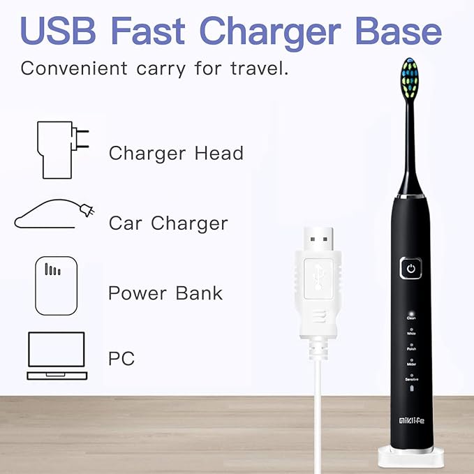 5-Mode Rechargeable Toothbrush with 3 Brush Heads (Black)