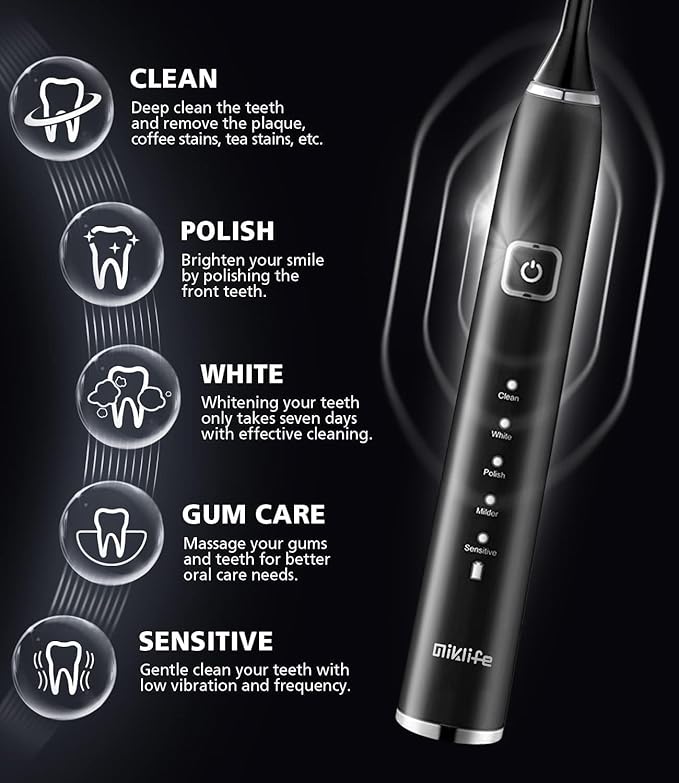 5-Mode Rechargeable Toothbrush with 3 Brush Heads (Black)