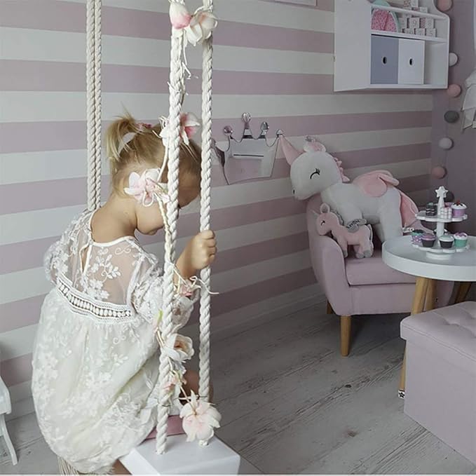 Wooden Hanging Swing with Cushion for Indoor Nursery Décor