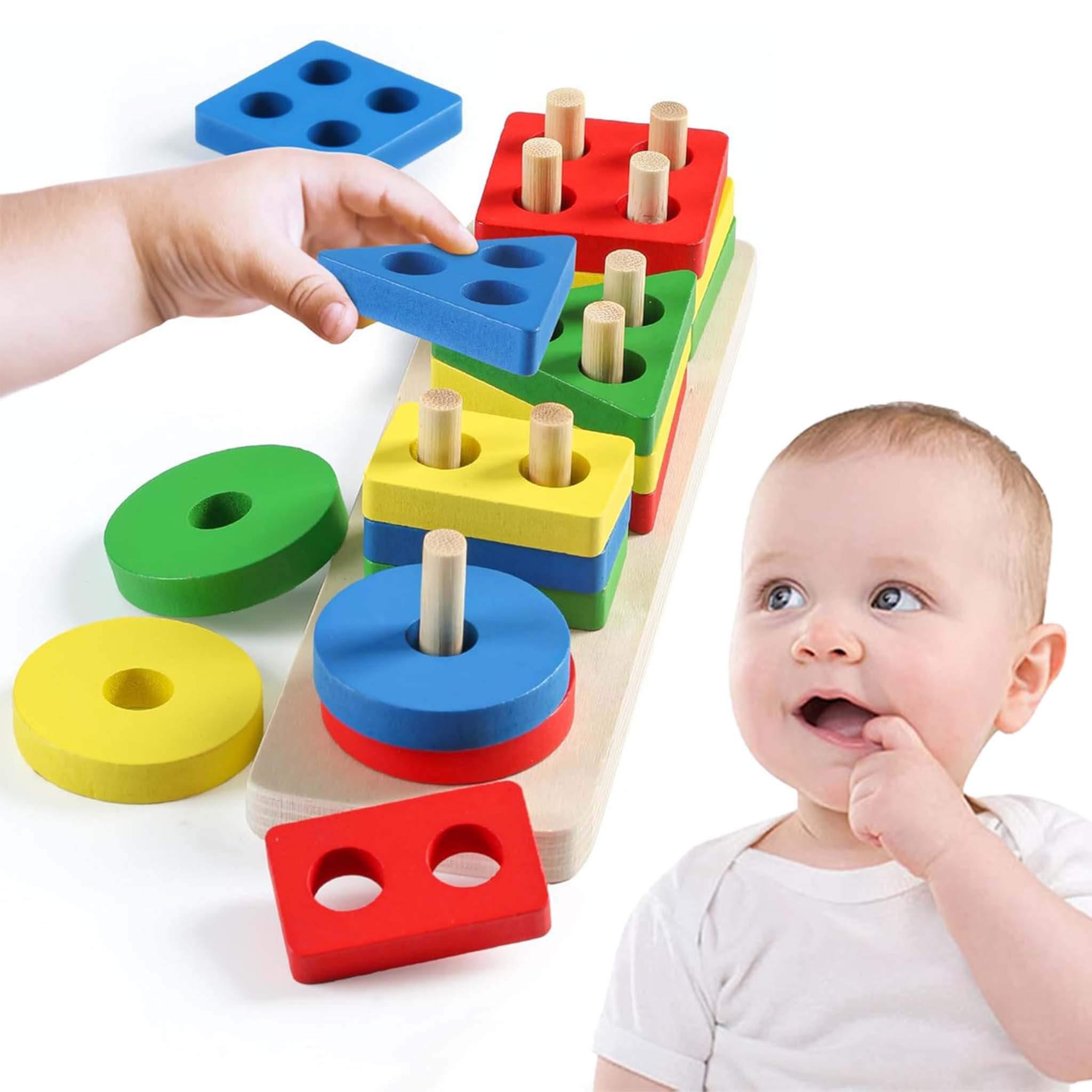 Montessori Wooden Sorting & Stacking Toys for Toddlers - Color Recognition and Shape Sorting Puzzles for 1-3 Year Old - Bonjera