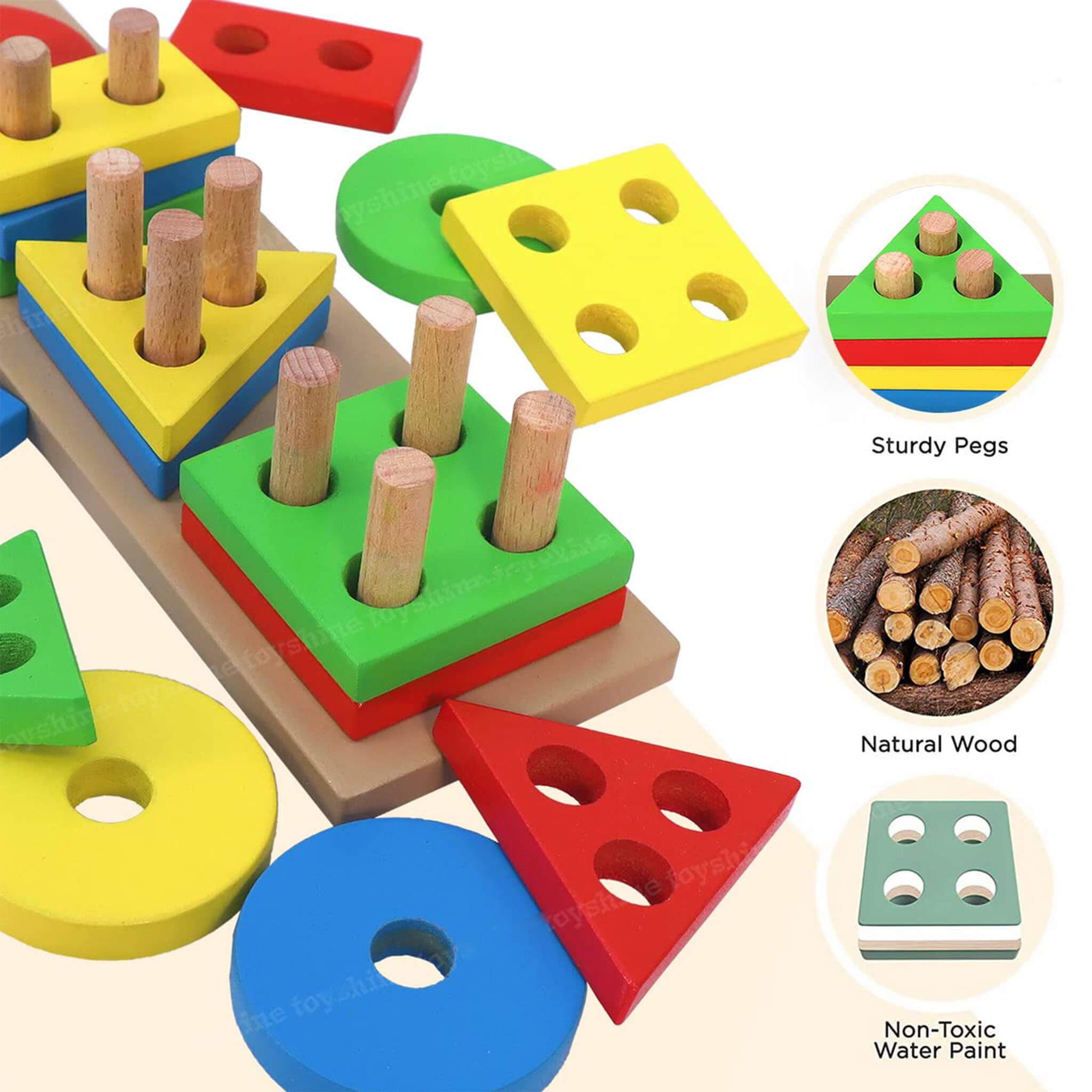 Montessori Wooden Sorting & Stacking Toys for Toddlers - Color Recognition and Shape Sorting Puzzles for 1-3 Year Old - Bonjera