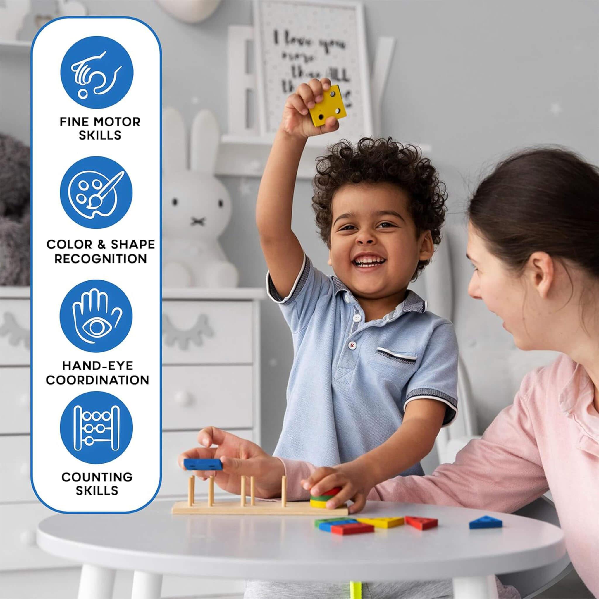 Montessori Wooden Sorting & Stacking Toys for Toddlers - Color Recognition and Shape Sorting Puzzles for 1-3 Year Old - Bonjera