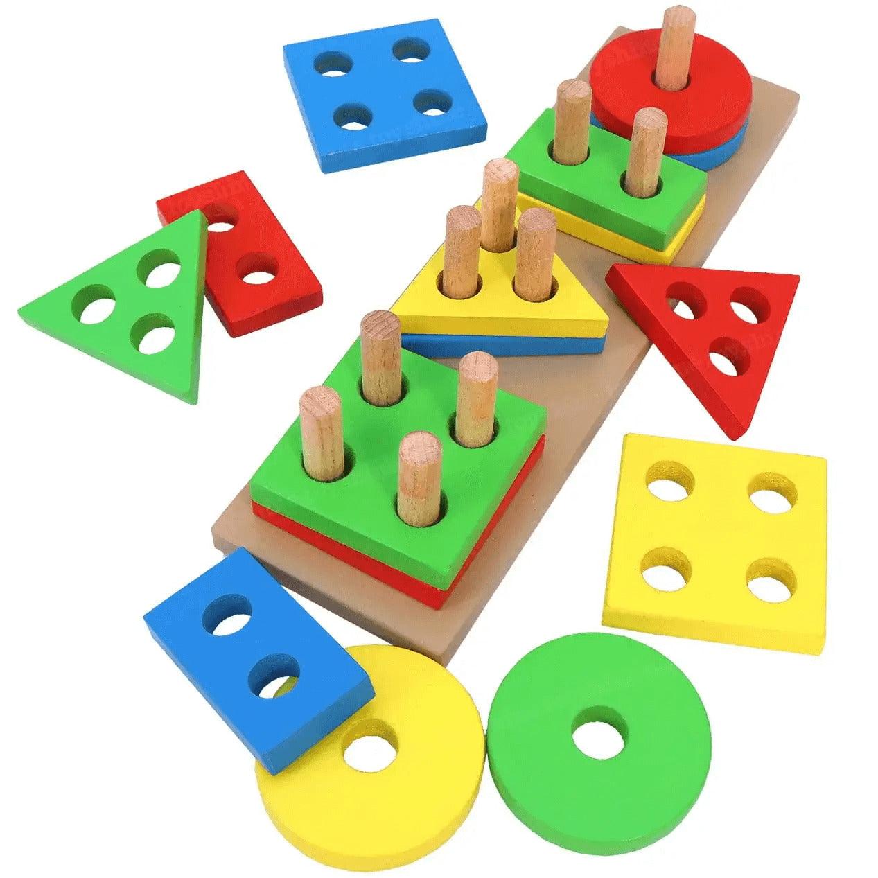Montessori Wooden Sorting & Stacking Toys for Toddlers - Color Recognition and Shape Sorting Puzzles for 1-3 Year Old - Bonjera